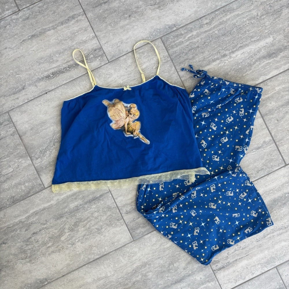 Vtg Disney Women's  Tinker Bell 2-Piece Pajama Set - Blue Starry Night Size‎ XL